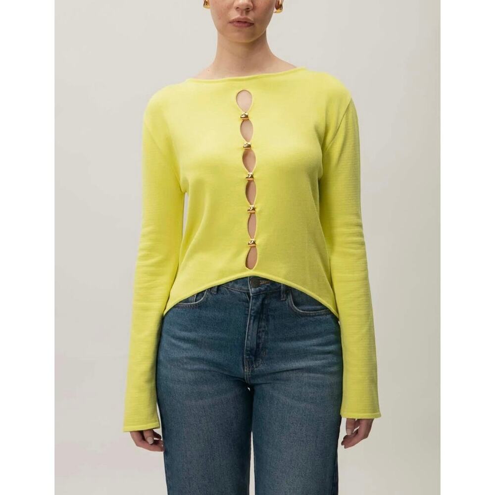 BAOBAB Long Sleeve Kyoto Top Womens Small City Lights Yellow Gold Bead Cut Out